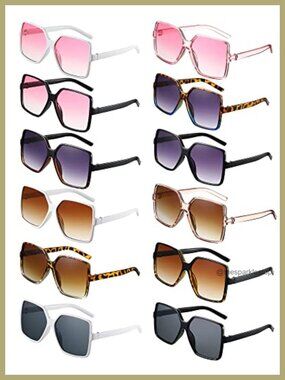 12 Pairs Oversized Square Sunglasses for Women Polycarbonate Lenses